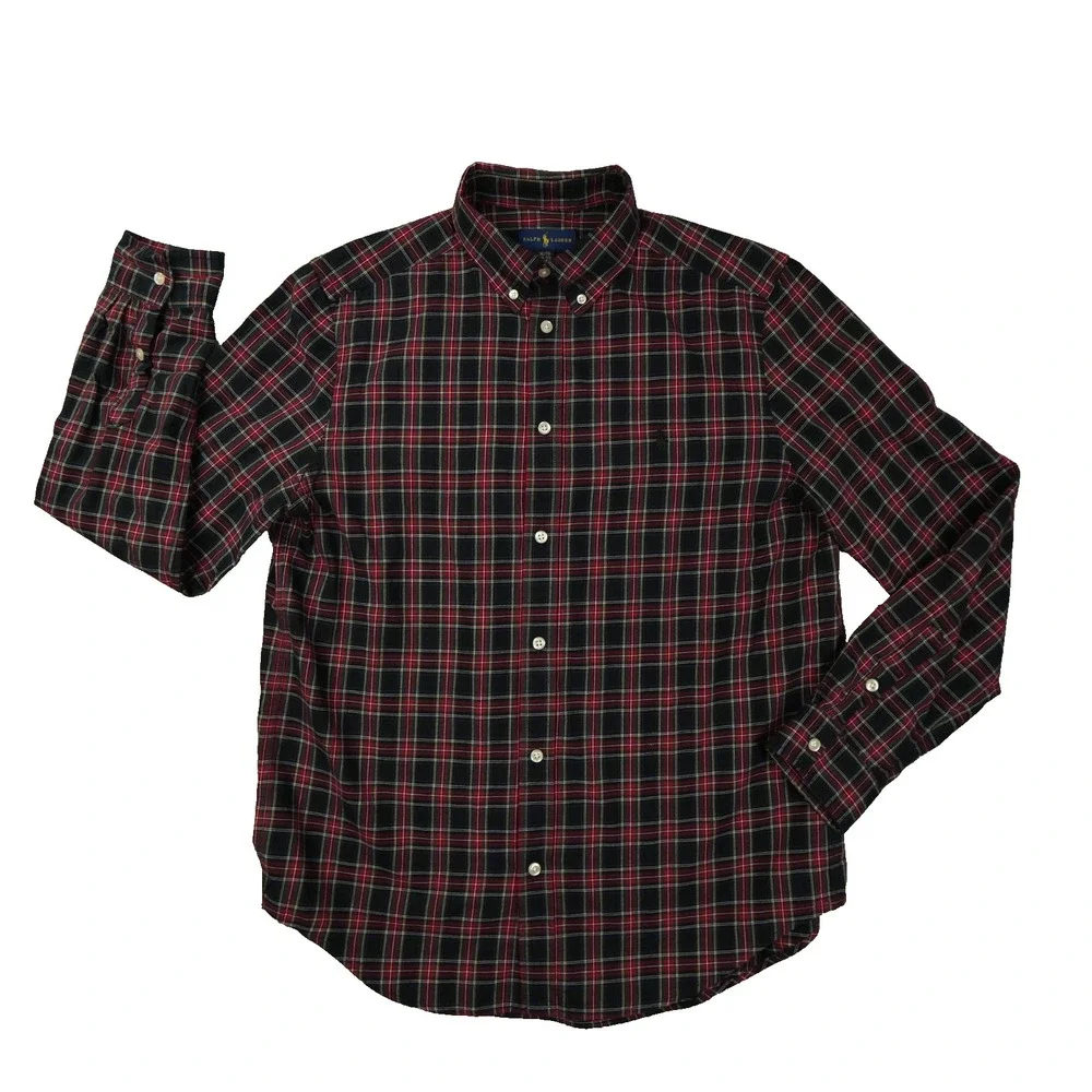 Ralph Lauren Boys XL 18-20 Button Up Shirt Black Red Plaid Preppy Holiday Logo